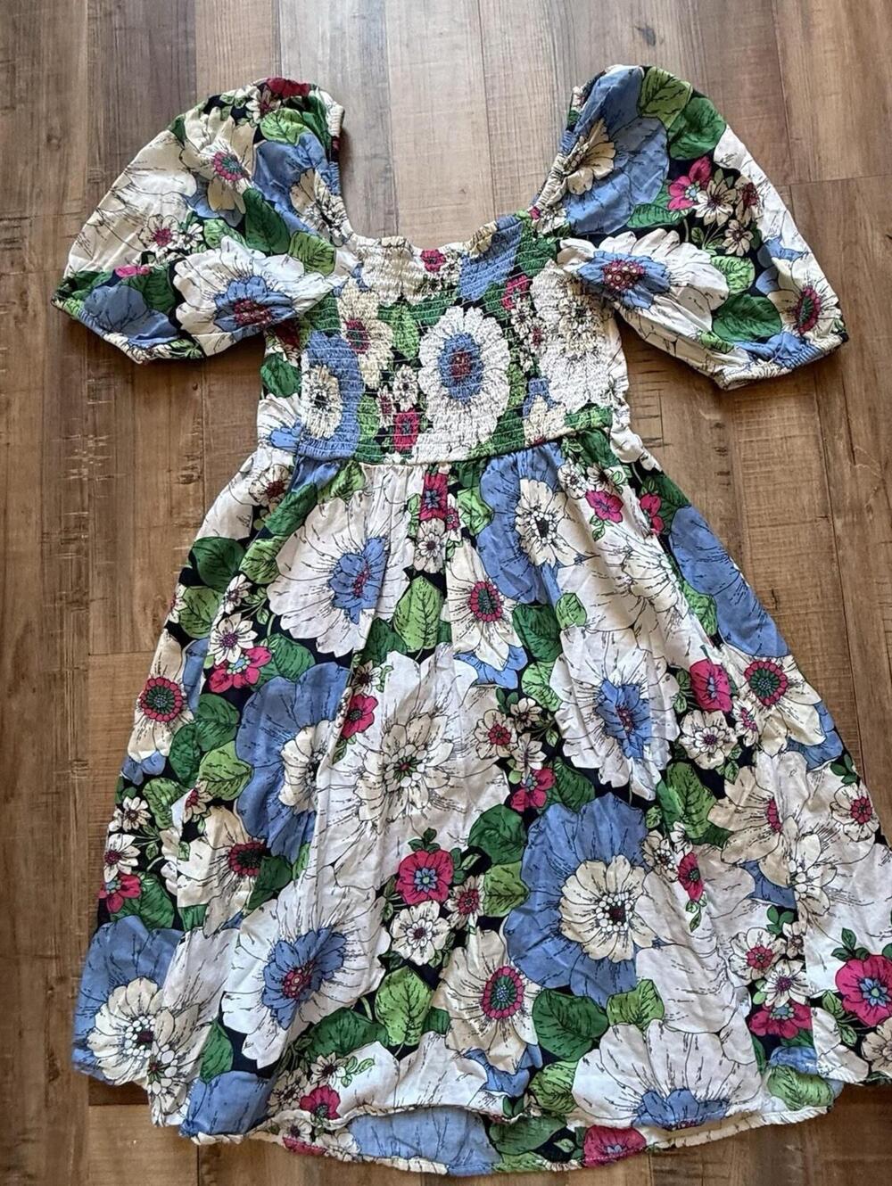 GAP Womens Dress XXS Cotton‎ Puff Sleeve Smocked White Floral Spring Romantic